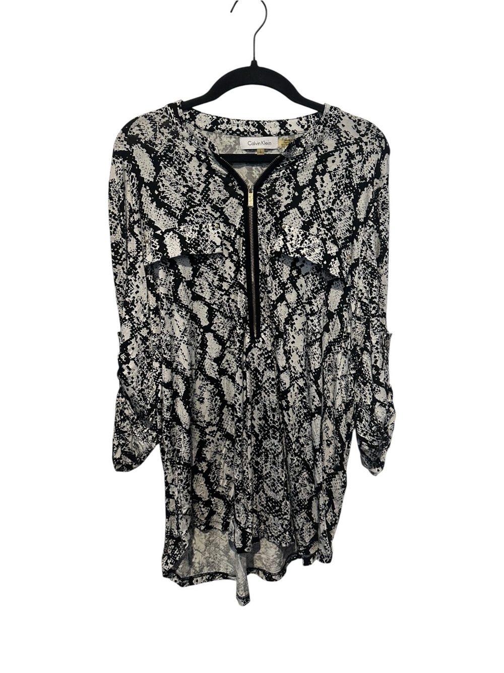 Calvin Klein Black & White Snake-Print Tunic with Gold Zipper in a Size L